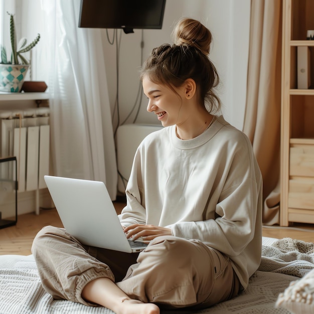 A young freelancer smiling woman in casual outfit working on laptop in scandinavian interior room