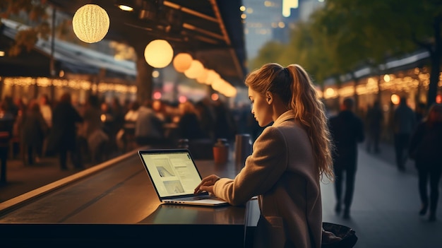 Young freelancer woman using laptop computer sitting at cafe table Happy Smiling Girl Working Online Or Studying And Learning While Using Notebook