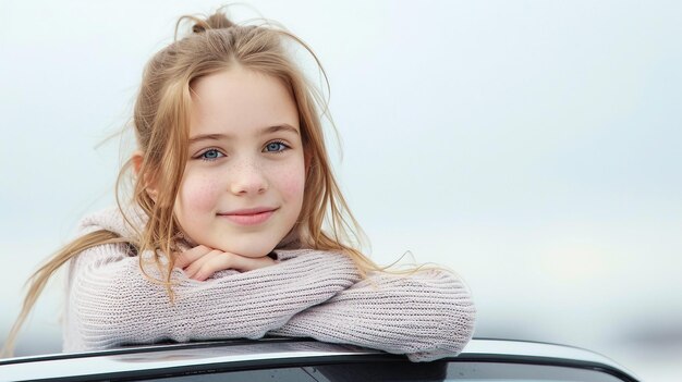 Young French Girl Leans Car