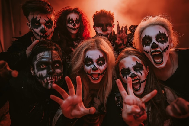 Photo young friends embrace halloween spirit in spooky costumes and creative makeup at costume party