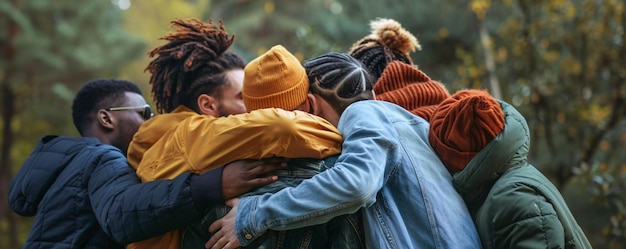 Photo young friends embracing warmly in the autumn forest