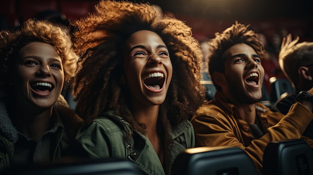 Young friends excitedly watching a movie in the cinema