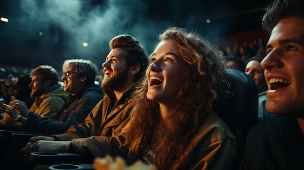 Young friends excitedly watching a movie in the cinema