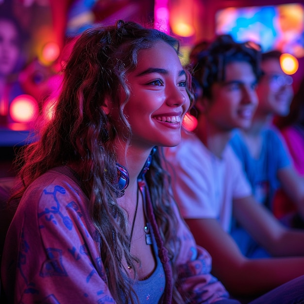 Young friends group playing esport in a gaming place with colourful background