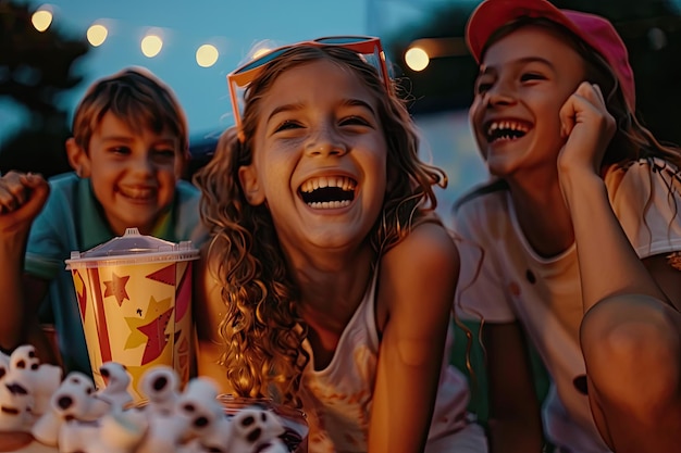 Photo young friends having fun at cinema in open air