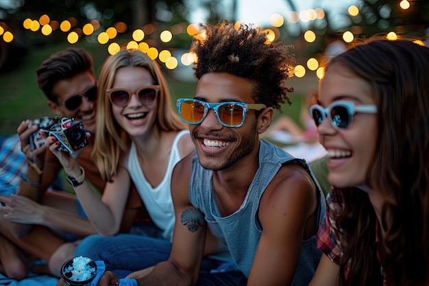 Photo young friends having fun at cinema in open air