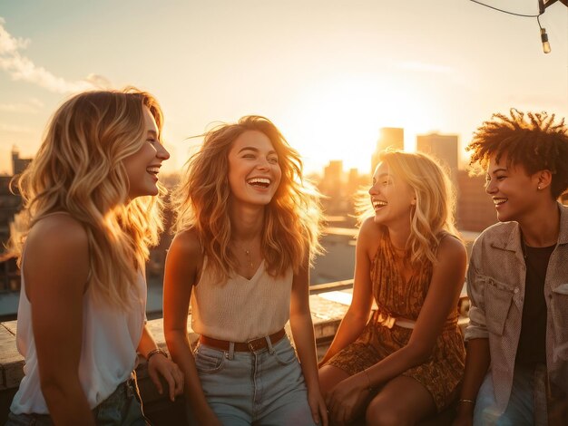 young friends having fun on roof rooftop young friends having fun on roof rooftop