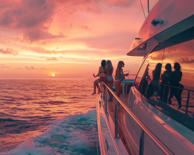 Photo young friends having a great time on a luxury yacht trip at sunset during a summer vacation at sea