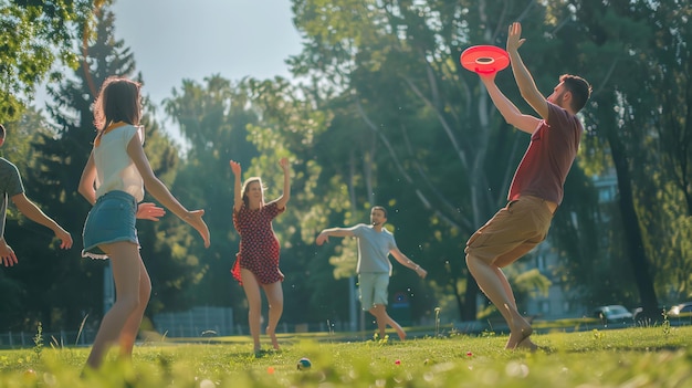 Photo young friends playing frisbee in a park on a sunny day