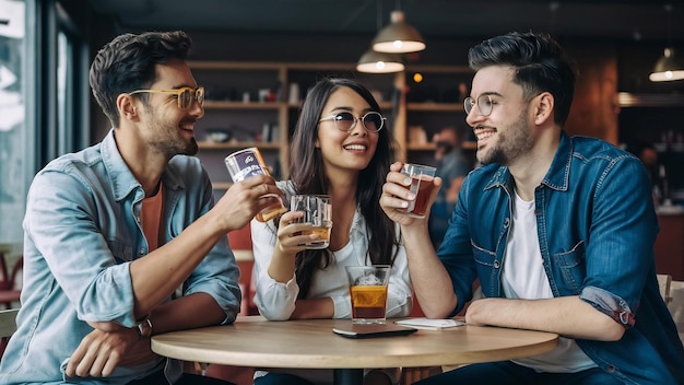 Young friends sitting in cafe while drinking alcohol