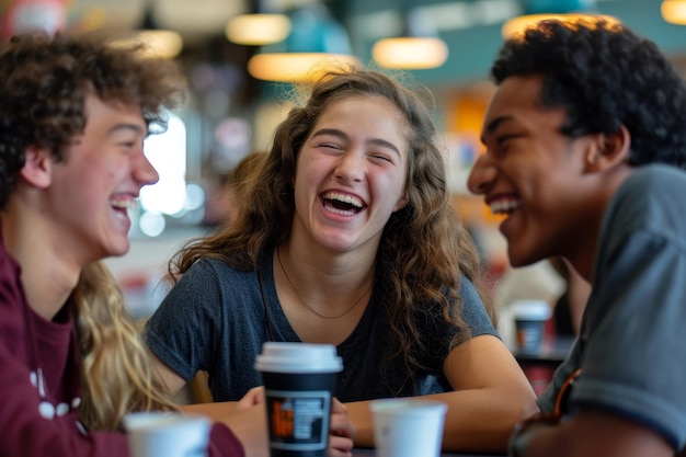 Photo young friends sitting together laughing joyfully at a table in a cafe a group of friends laughing together in the cafeteria