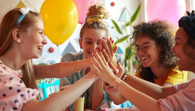 Young friends stacking hands together happy students celebrating together