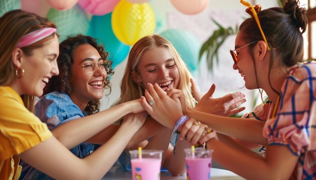 Young friends stacking hands together happy students celebrating together