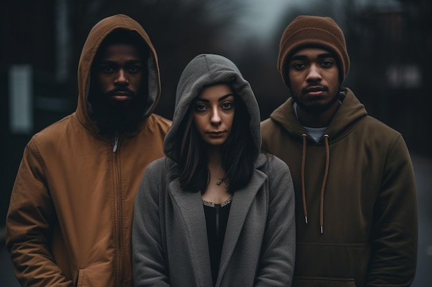 Photo young friends wearing hoodies