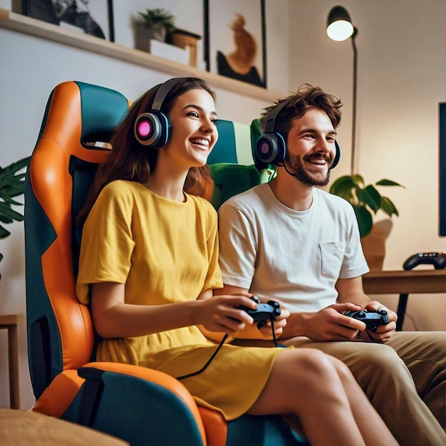 Photo young and funny couple playing video games