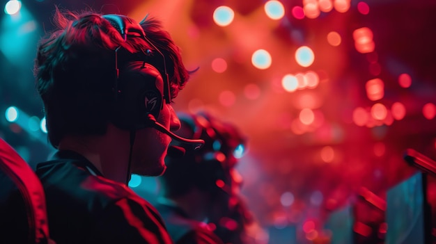 A young gamer wearing a headset sits in a brightly lit room and focuses on the game