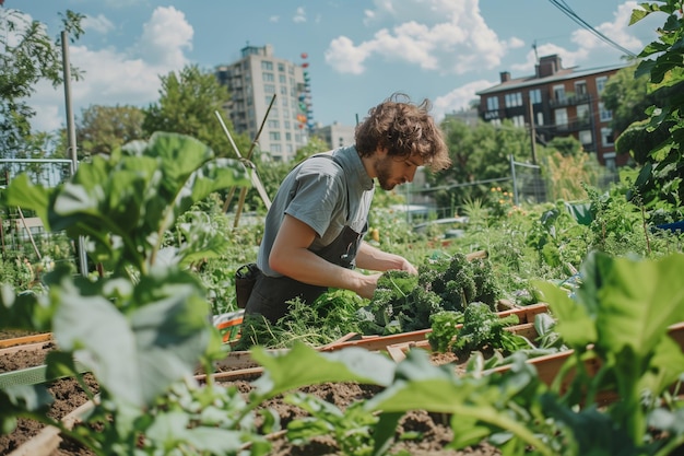 Photo young gardener tending to vibrant urban vegetable garden under bright blue sky