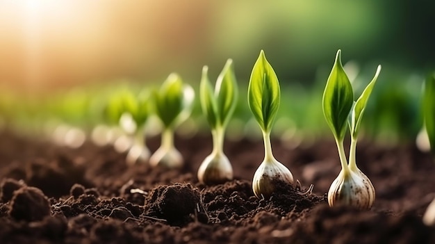 Young garlic grows in the ground Closeup of young strong plants Gardening concept Generative AI