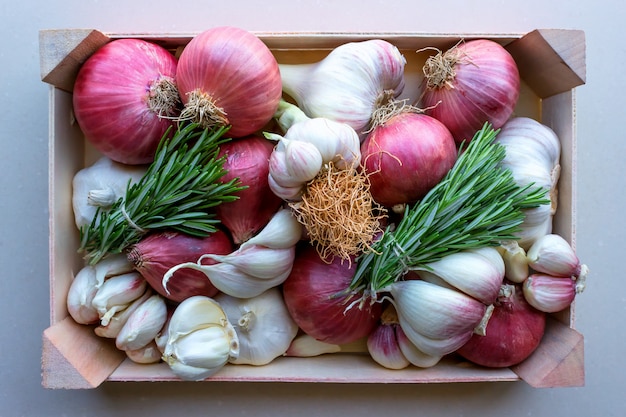 Young garlic and red onions in a vegetable box