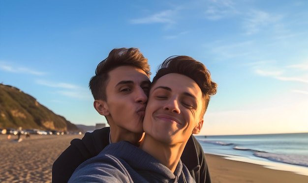 Young gay couple smiling happy breathing at the beach