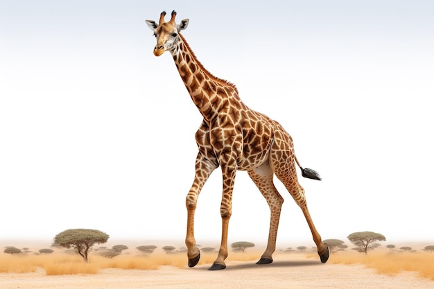 A Young Giraffe Races Across a White Background on a White or Clear Surface PNG Transparent Background