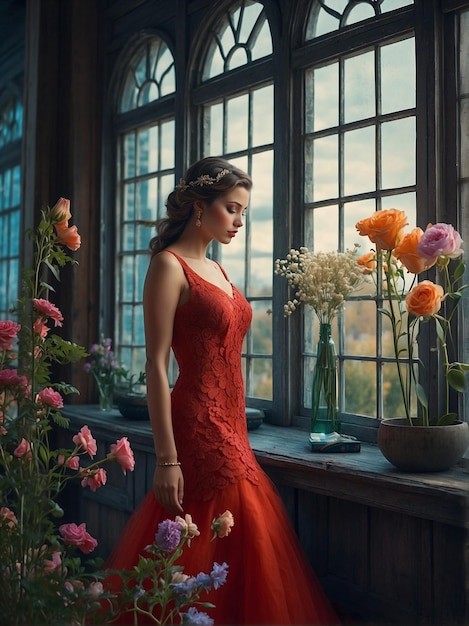 Young Girl Admiring Flowers Through Window on a Sunny Day