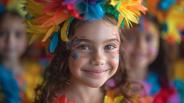 Young Girl Adorned With Colorful Feathers