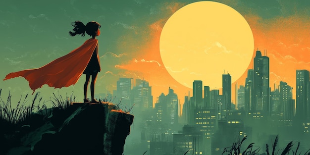 Photo young girl as superhero overlooking sunset city