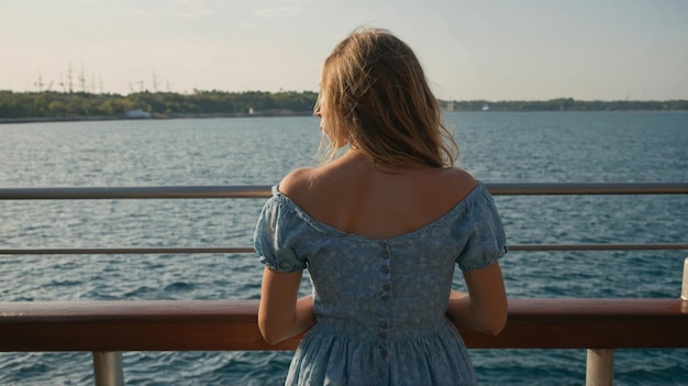 Young girl back view looking at ships Woman dreaming