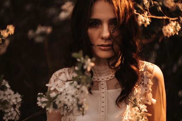 Young girl on the background of a blooming garden