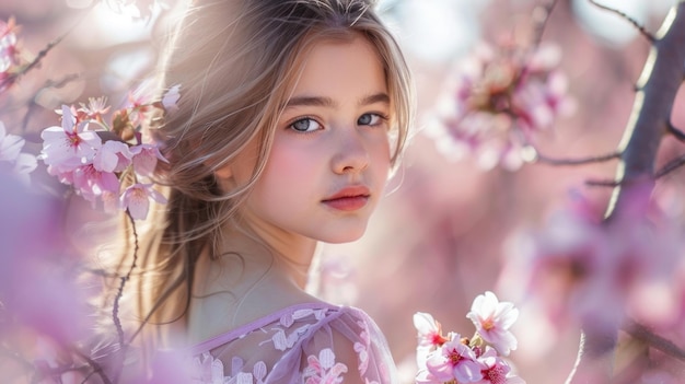 A young girl on background of cherry blossom trees