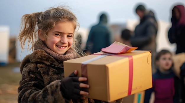 Photo a young girl beams with joy as she holds a gift box wrapped with a ribbon participating in a community aid event at a refugee camp during sunset surrounded by others