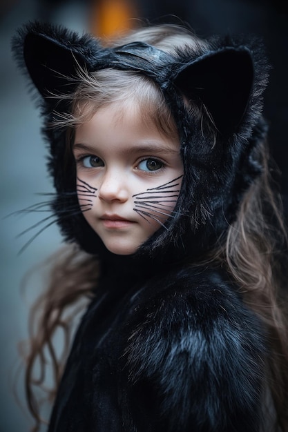 Photo a young girl in a black cat costume with ears and whiskers posing with a serious expression