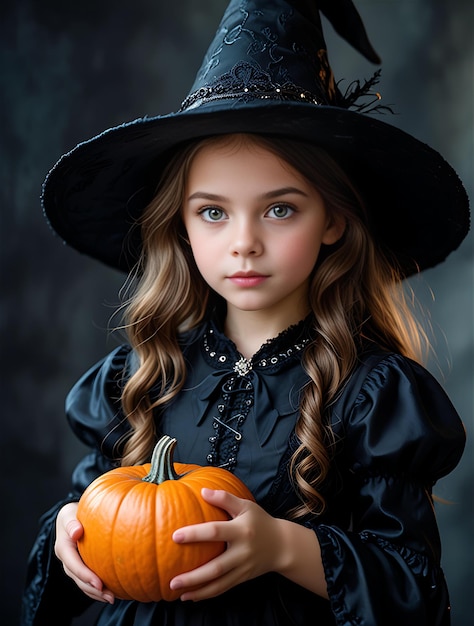 a young girl in a black dress holds a pumpkin