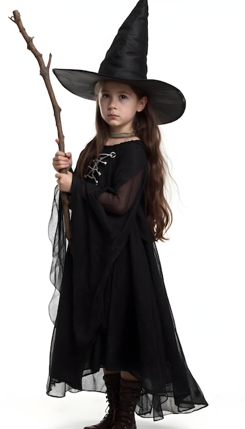 a young girl in a black dress with a long brown hair and a black hat