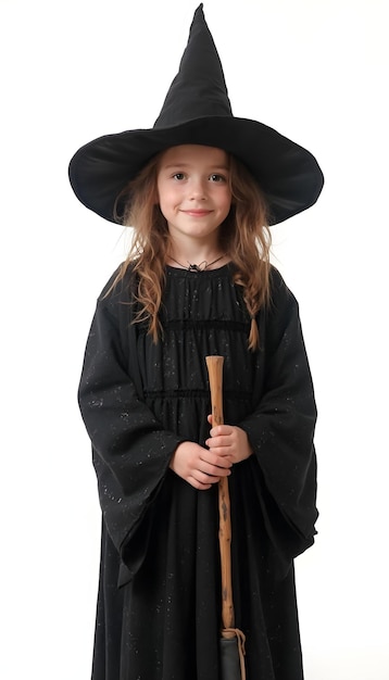 a young girl in a black dress with a wooden cane