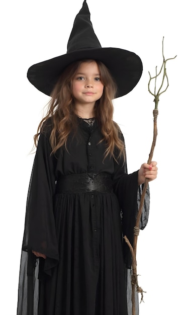 a young girl in a black witch hat holds a wooden stick