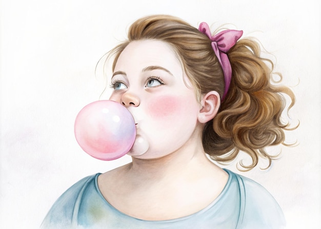 Young girl blowing bubblegum on white background