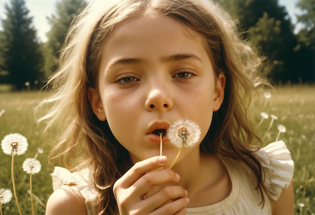 a young girl blowing on a dandelion