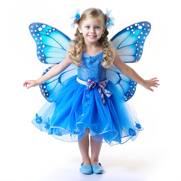 Photo a young girl in a blue dress with a butterfly on the front