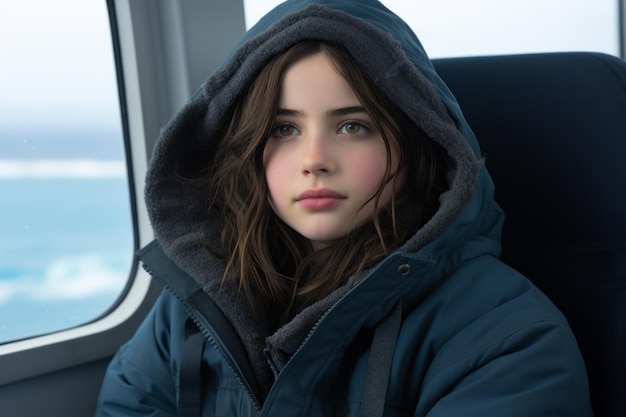 a young girl in a blue jacket sitting on a train