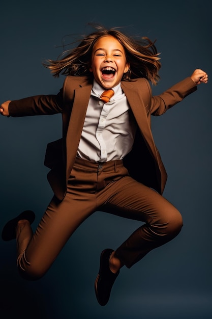 A young girl in a brown suit jumps in the air with a yellow tie.