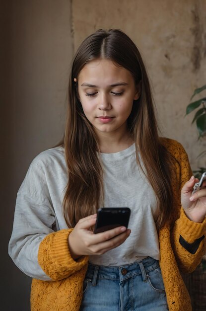 Young girl browses social media on the phone and likes the photo Social network application