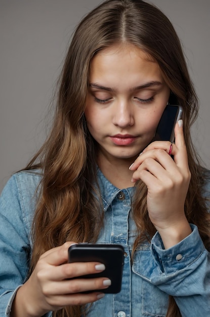 Young girl browses social media on the phone and likes the photo Social network application