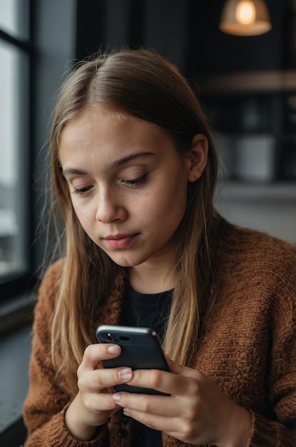 Young girl browses social media on the phone and likes the photo Social network application