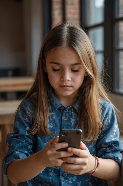 Photo young girl browses social media on the phone and likes the photo social network application