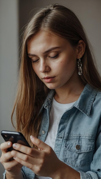 Photo young girl browsing social media app on phone