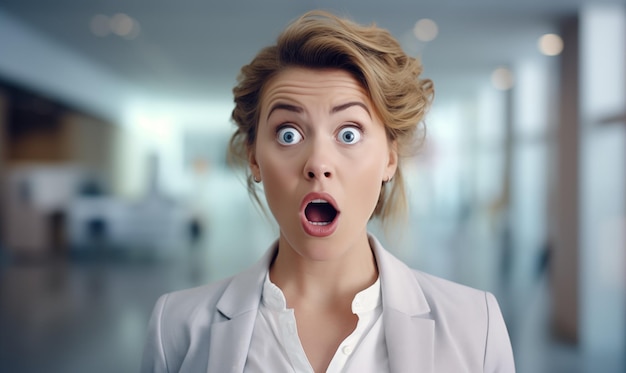 Young girl in a business suit is shocked