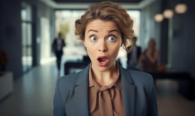 Young girl in a business suit is shocked