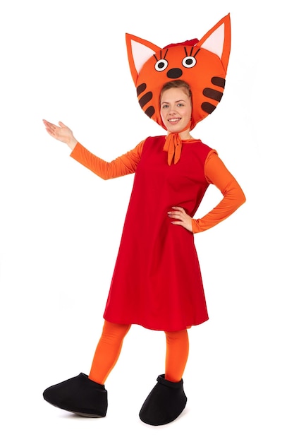 A young girl in a children's entertaining ginger cat costume. Figure isolated on white background.